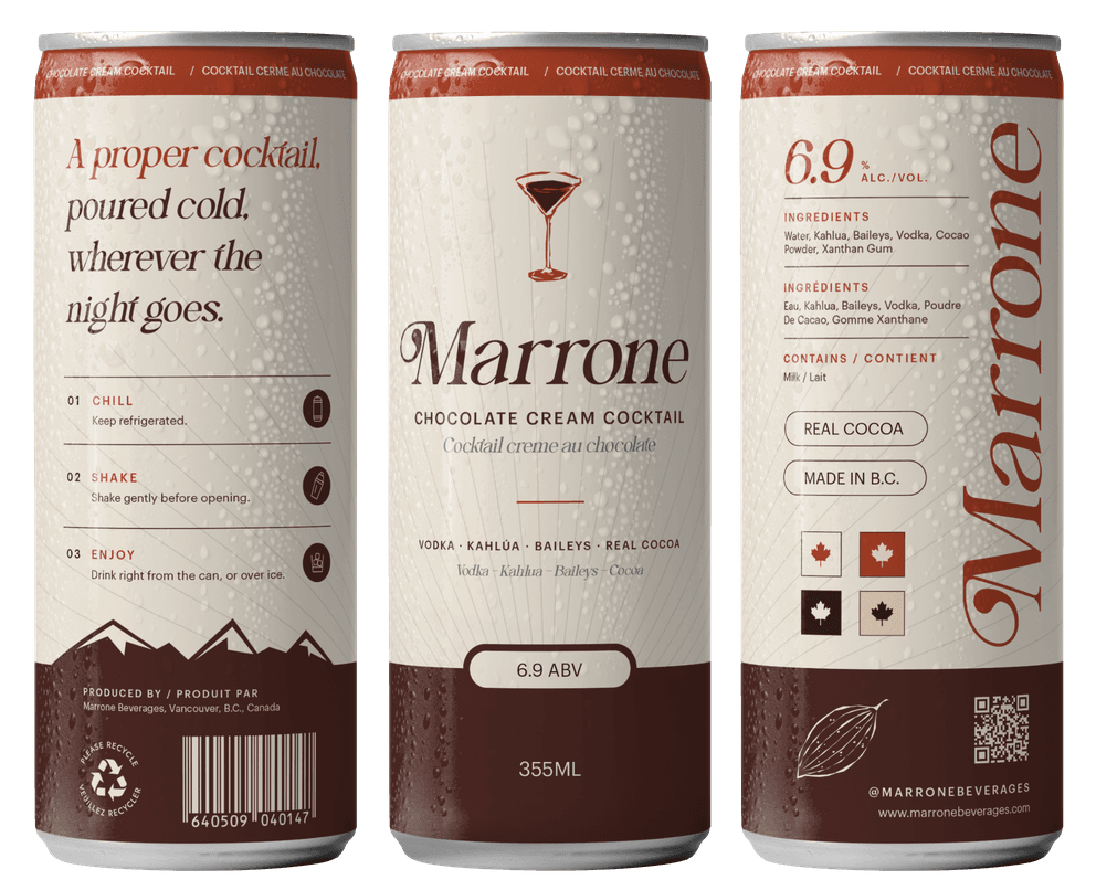 Three Marrone cans: back, front and side